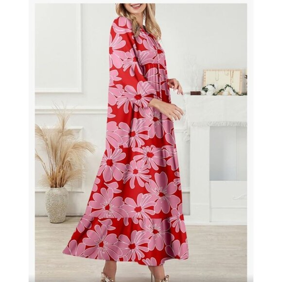 Dokotoo Womens Floral Red & Pink Flowy Tiered Maxi Boho Dress Med Beach Casual - Picture 3 of 11